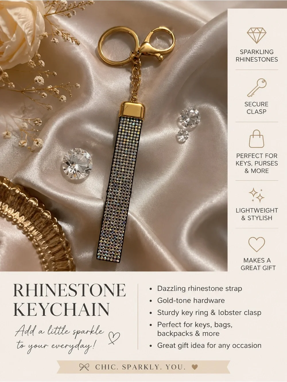 ✨ Sparkly Rhinestone Wristlet Keychain | Gold-Tone Clasp | Bling Key Fob